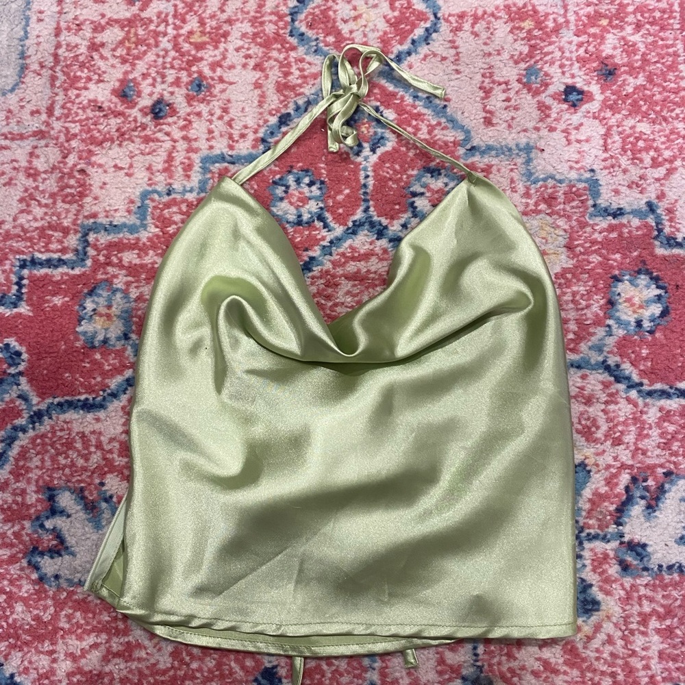 Tinker belle green Shein swoop neck top with open back. Size small